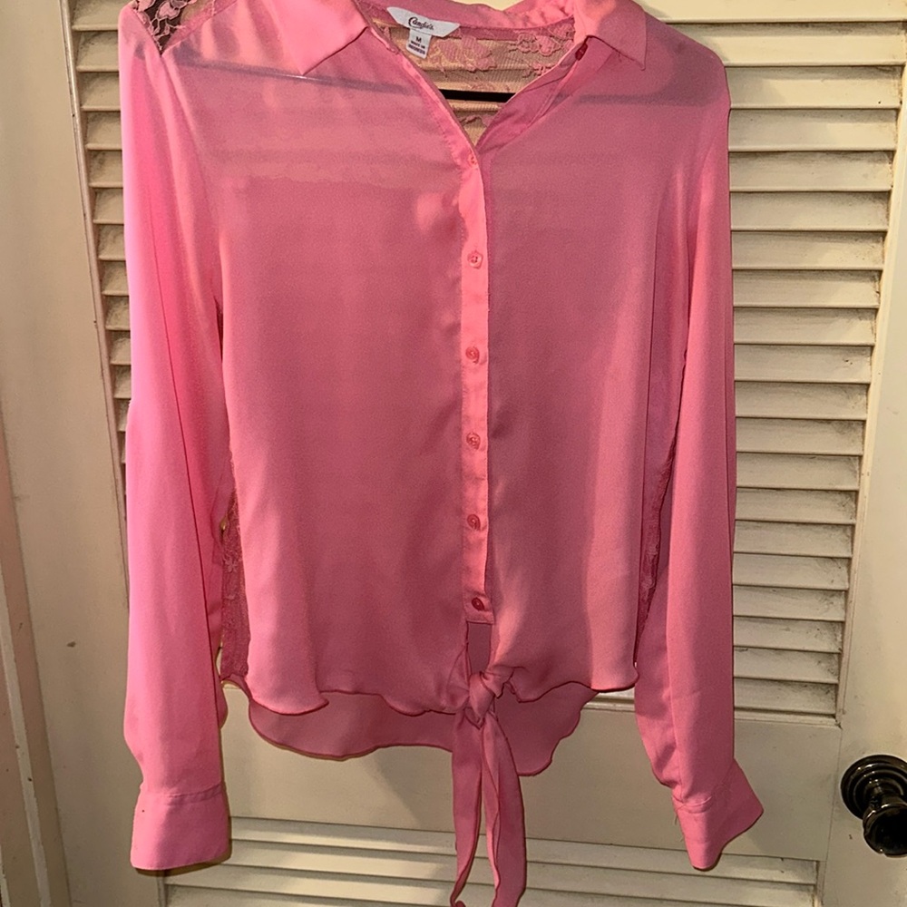 Candies sheer pink Lace embellished full sleeve or roll up blouse Spring /Summer